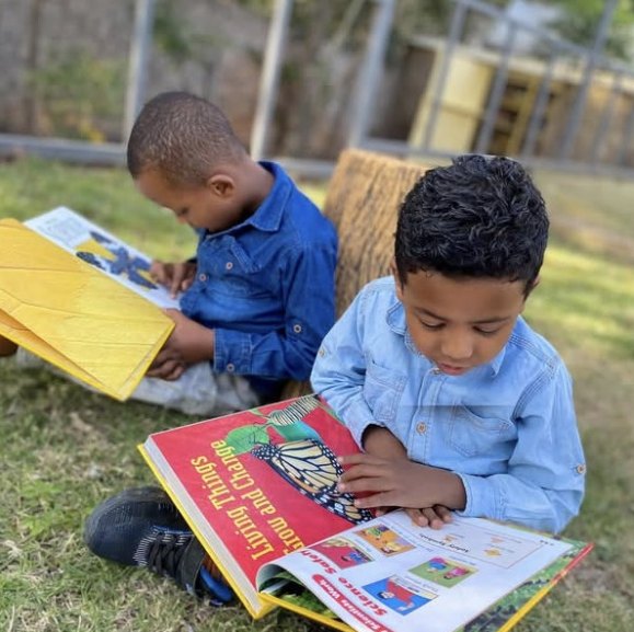 Two young boys reading picture books on the grass at the Sinen book club